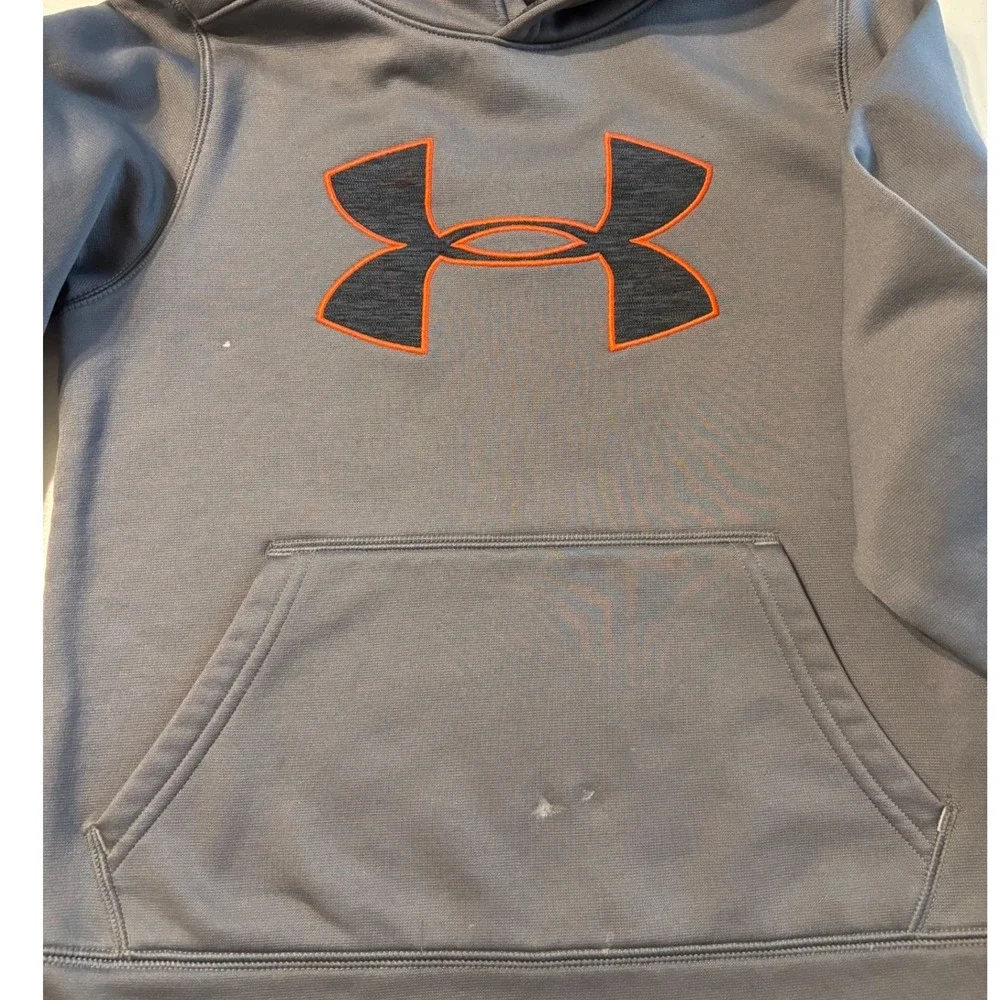 Under Armour Kids Gray Hoodie Youth Small Orange Logo‎ Pullover Sweatshirt NOTE!